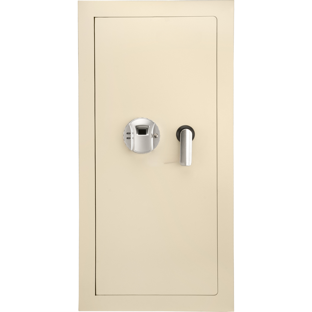 Beige electronic safe with fingerprint scanner and silver handle
