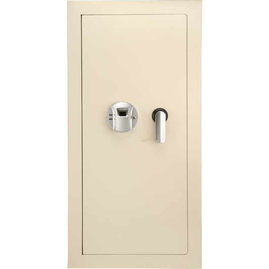 Beige electronic safe with fingerprint scanner and silver handle
