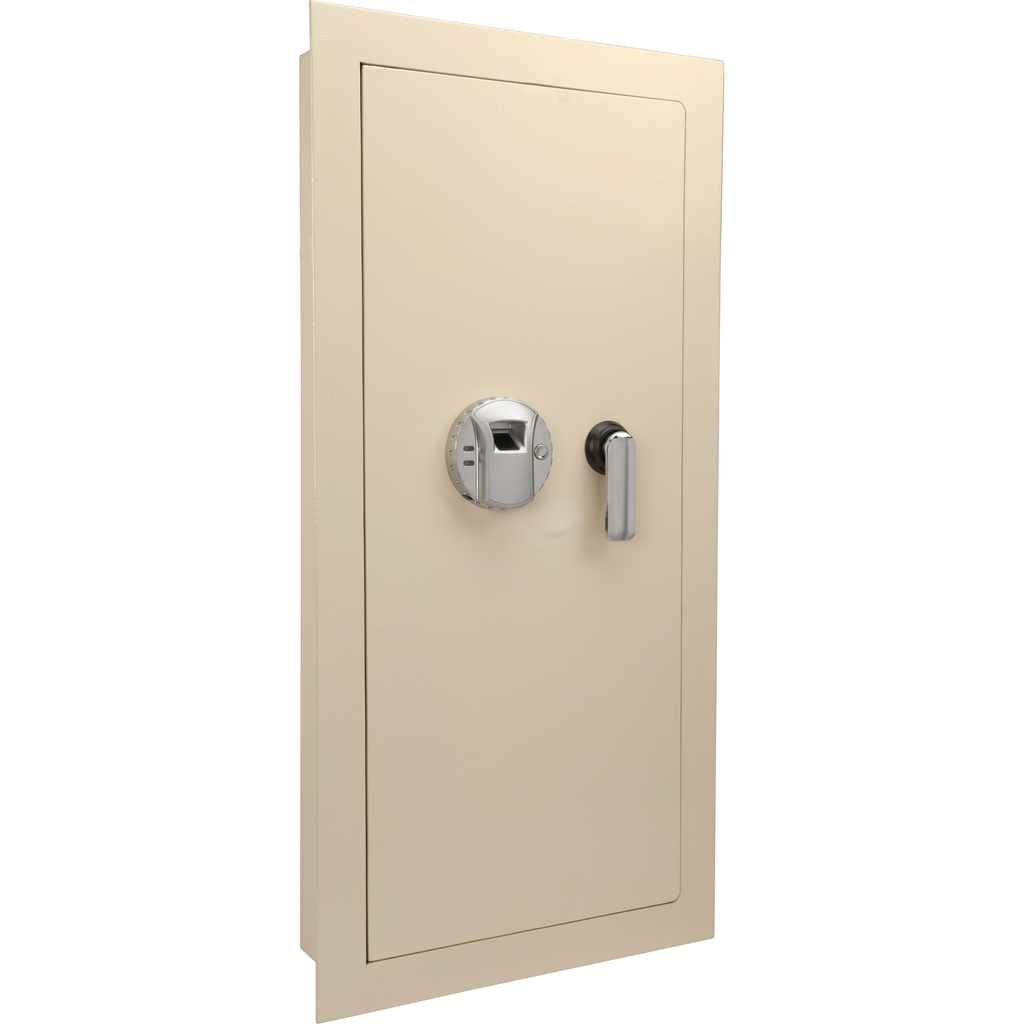 Beige biometric wall safe with sleek silver handle and digital keypad