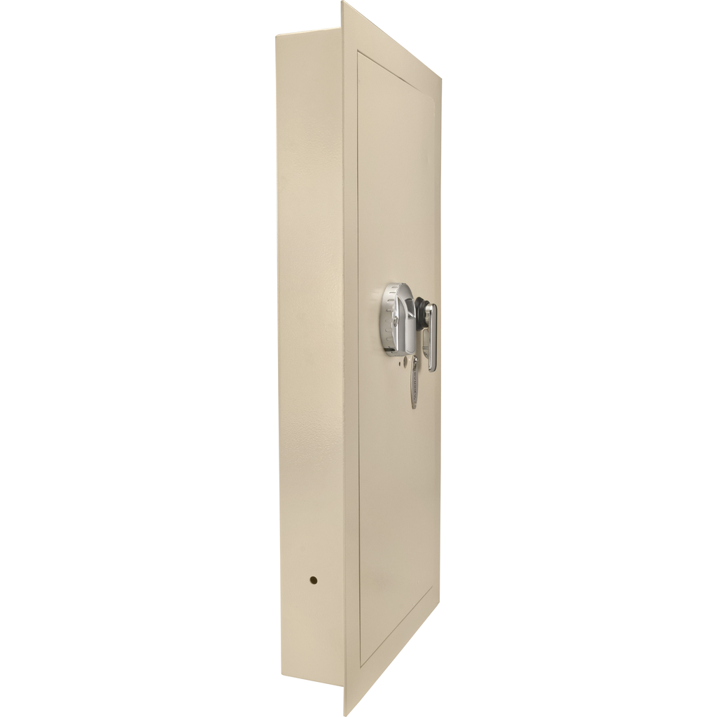 Beige steel wall safe with combination lock and key
