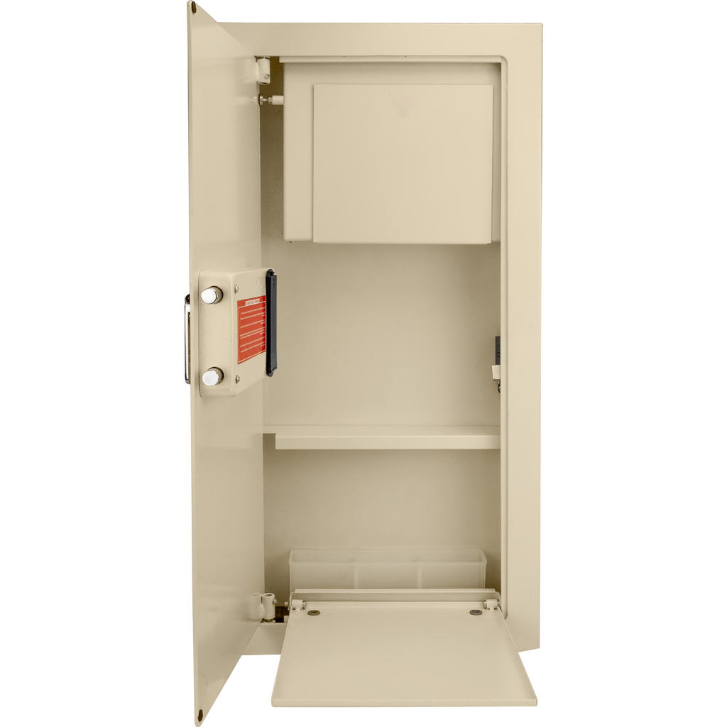 Open beige steel wall safe with two shelves and a lock mechanism