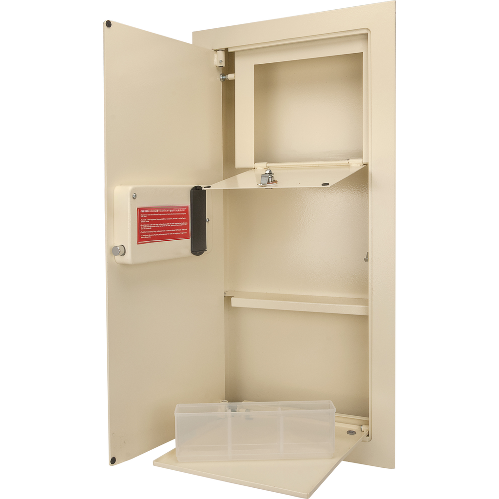 Beige steel wall safe with two shelves and a transparent organizer compartment