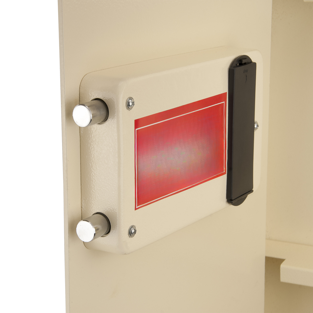 Beige safe lock mechanism with two chrome bolts and a red panel