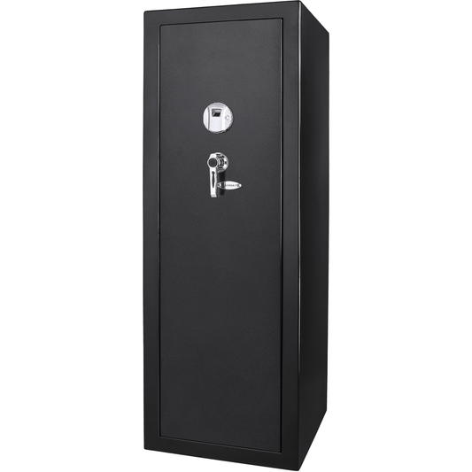 Black biometric gun safe with silver handle and fingerprint scanner
