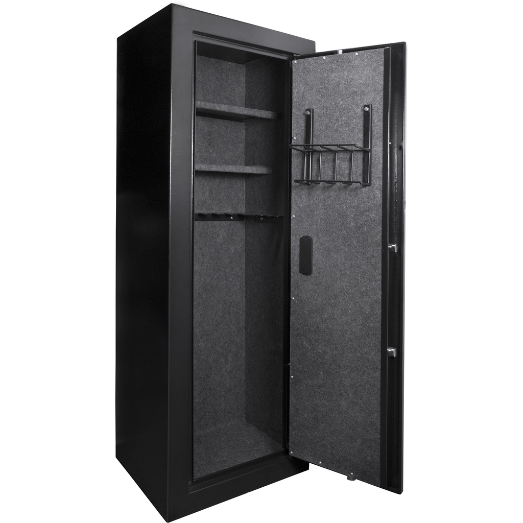 Black metal gun safe interior with shelves and door rack