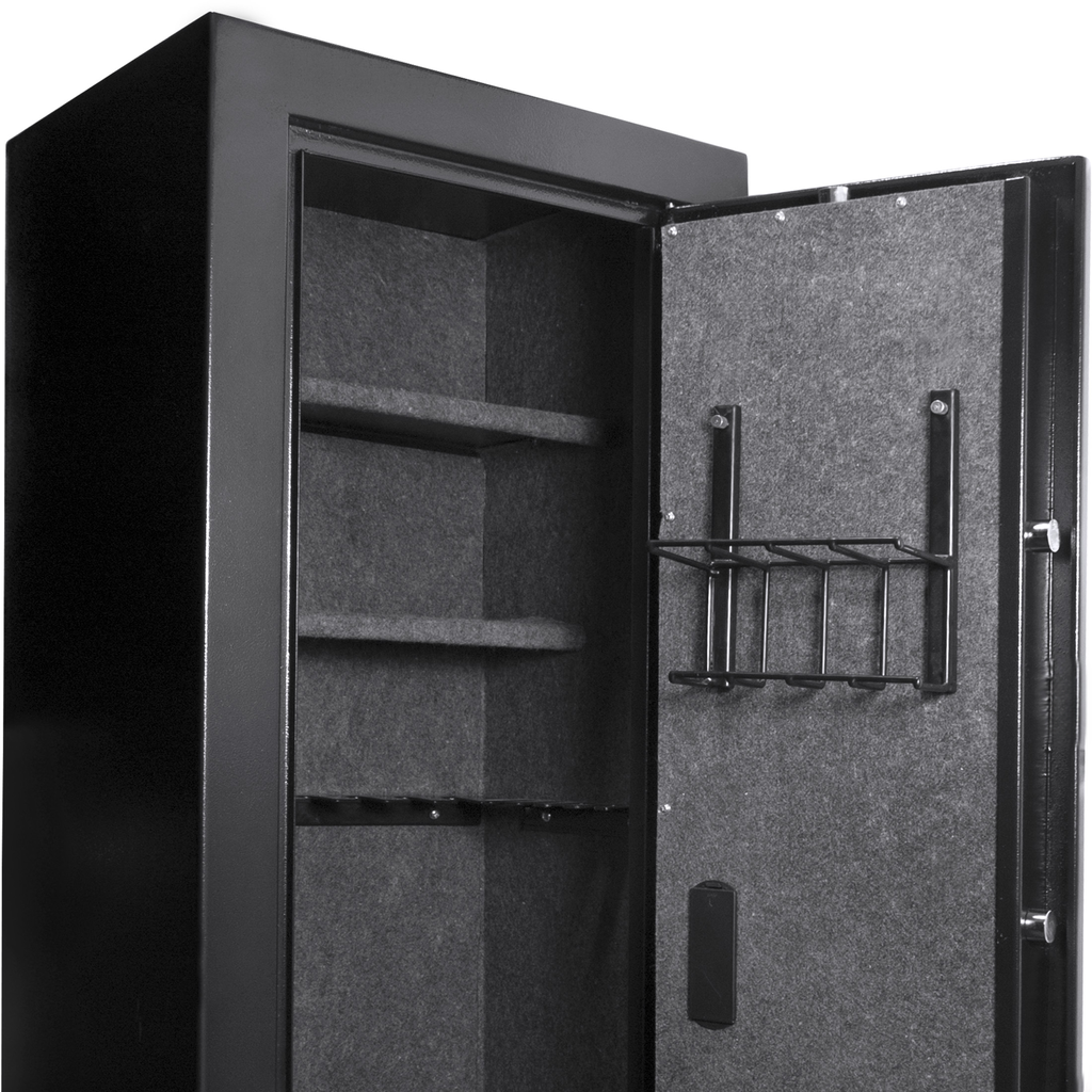 Black steel gun safe interior with carpeted shelves and rifle rack