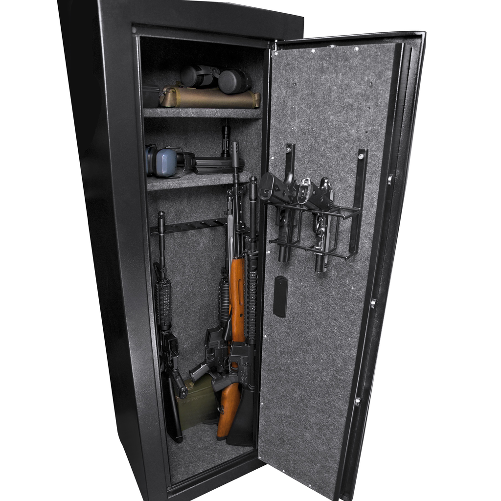 Black gun safe interior with rifles and handguns