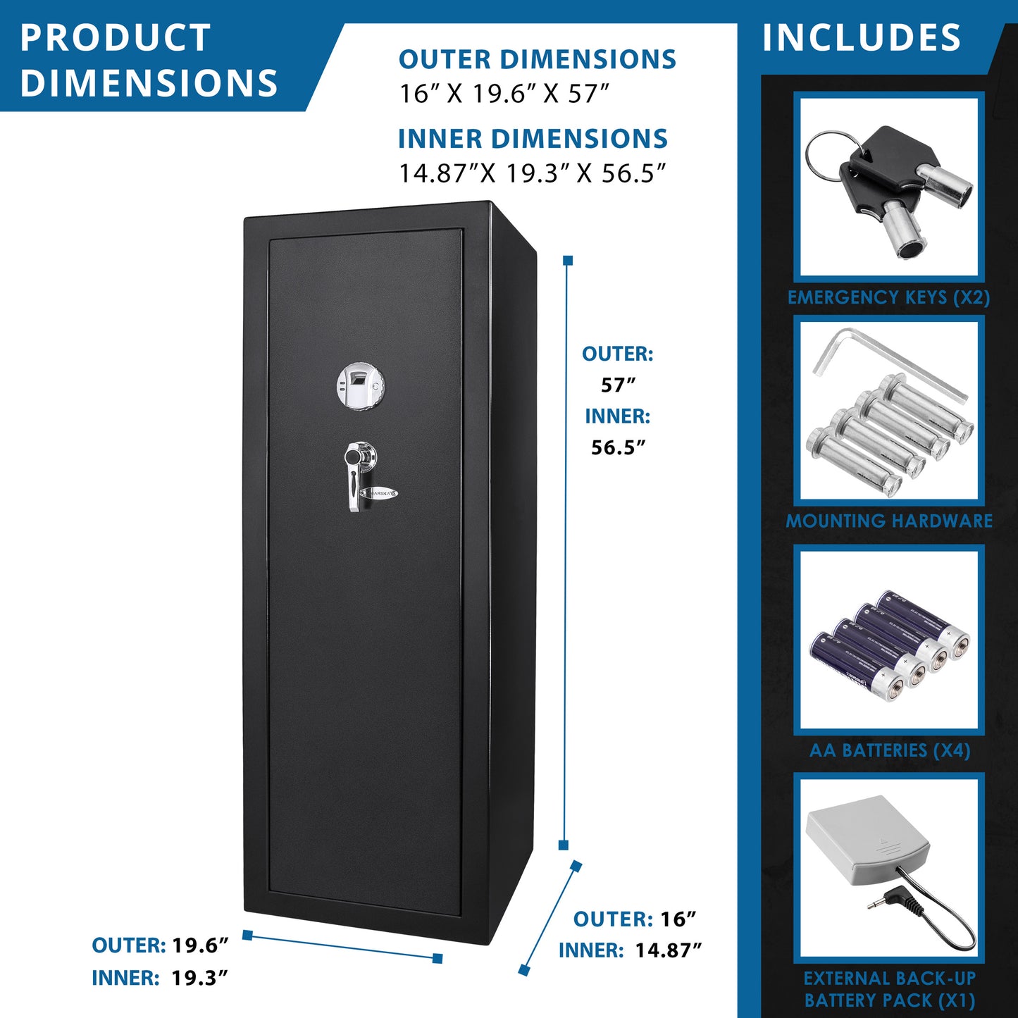Tall black electronic safe with fingerprint scanner and chrome handle for home security