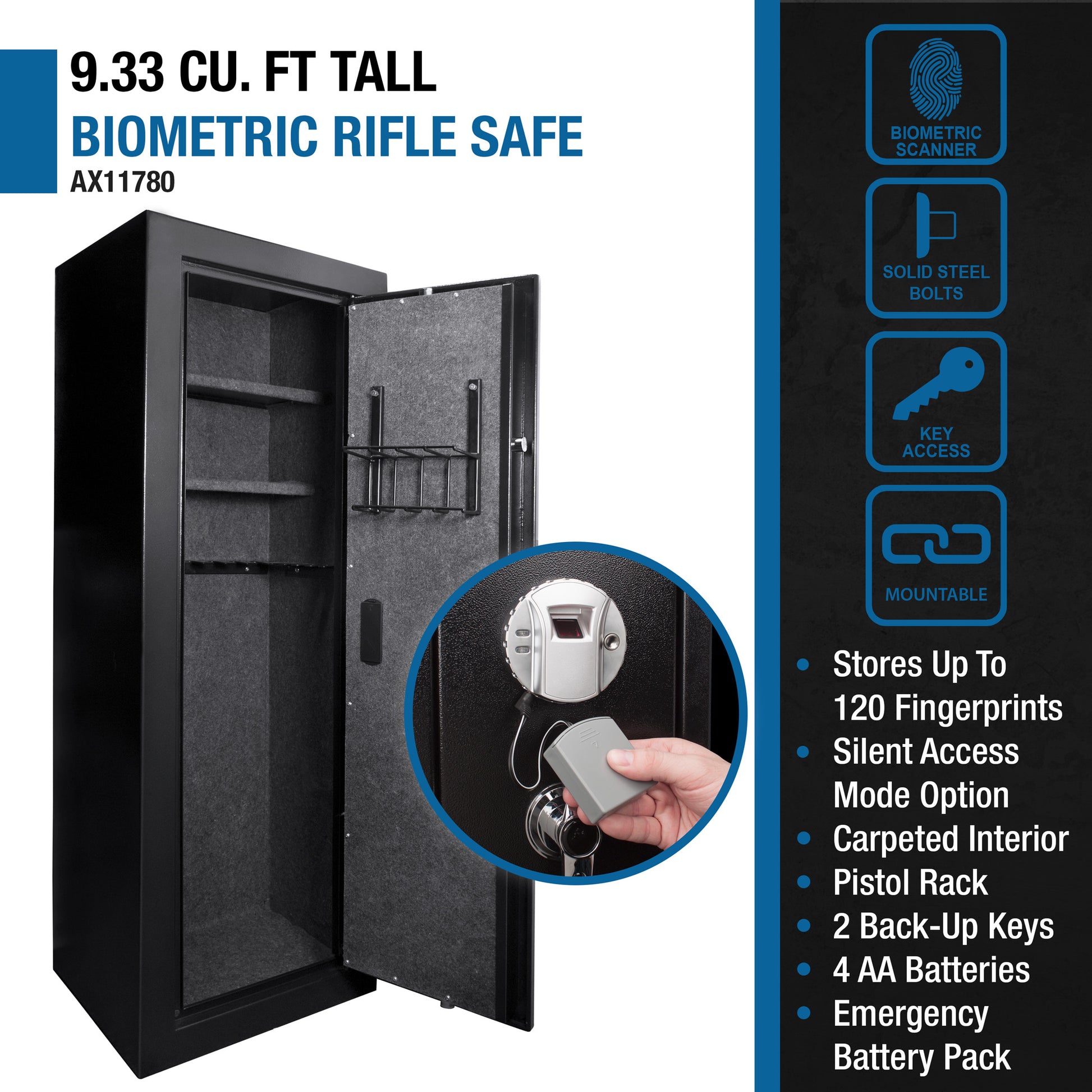 Black  cu ft tall biometric rifle safe with open door and interior view