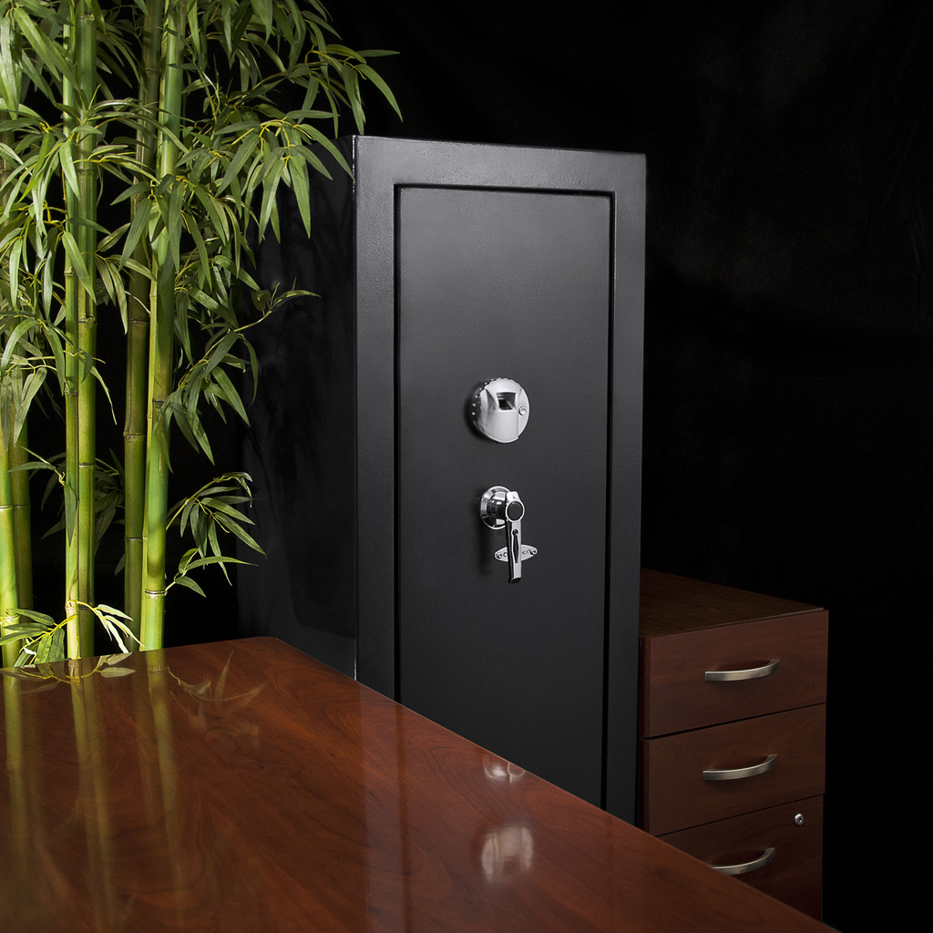 Black steel security safe with chrome dial and lever lock