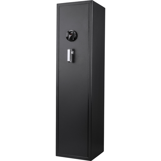 Black tall metal gun safe with digital keypad and chrome handle