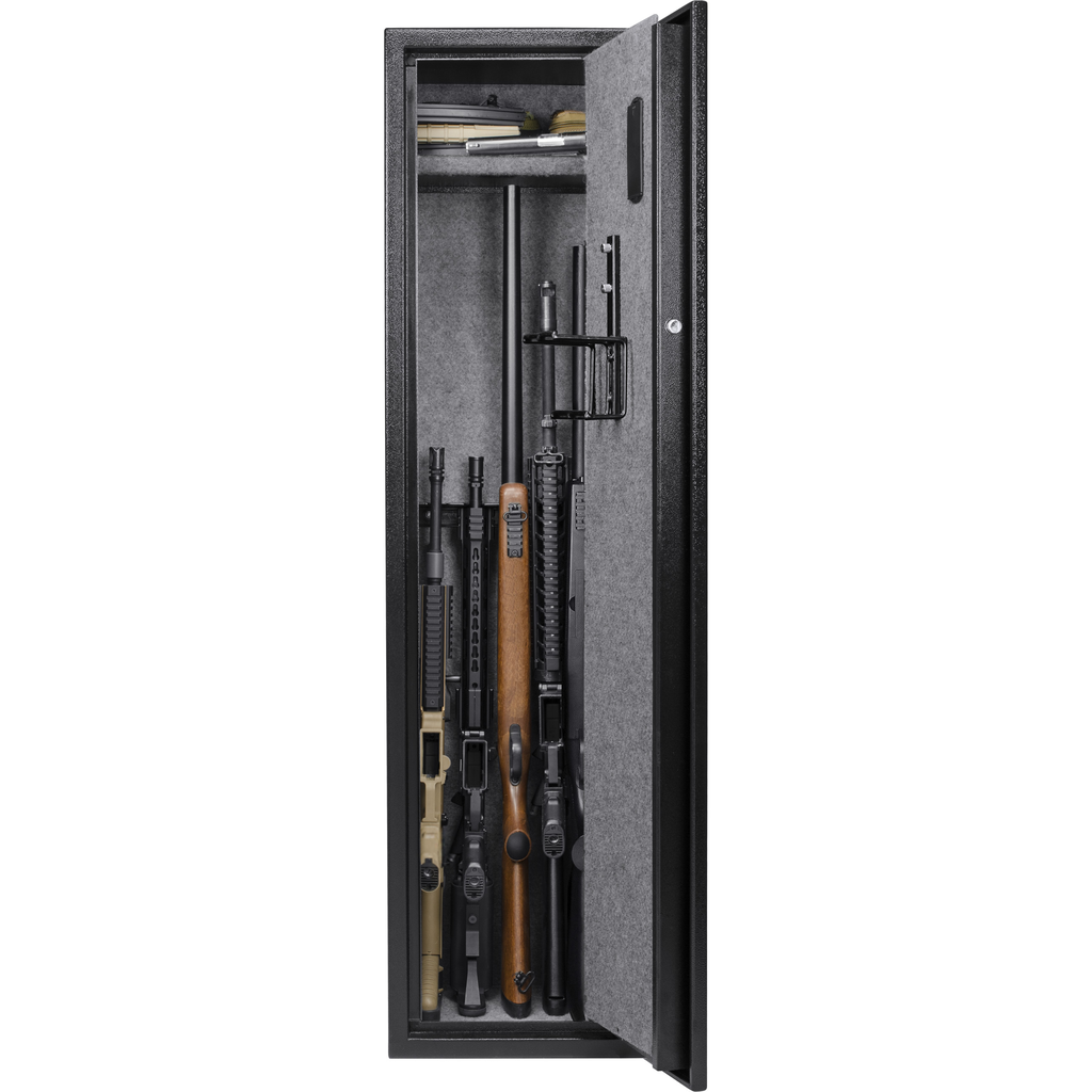 Black metal gun safe interior with  rifles and shotguns secured
