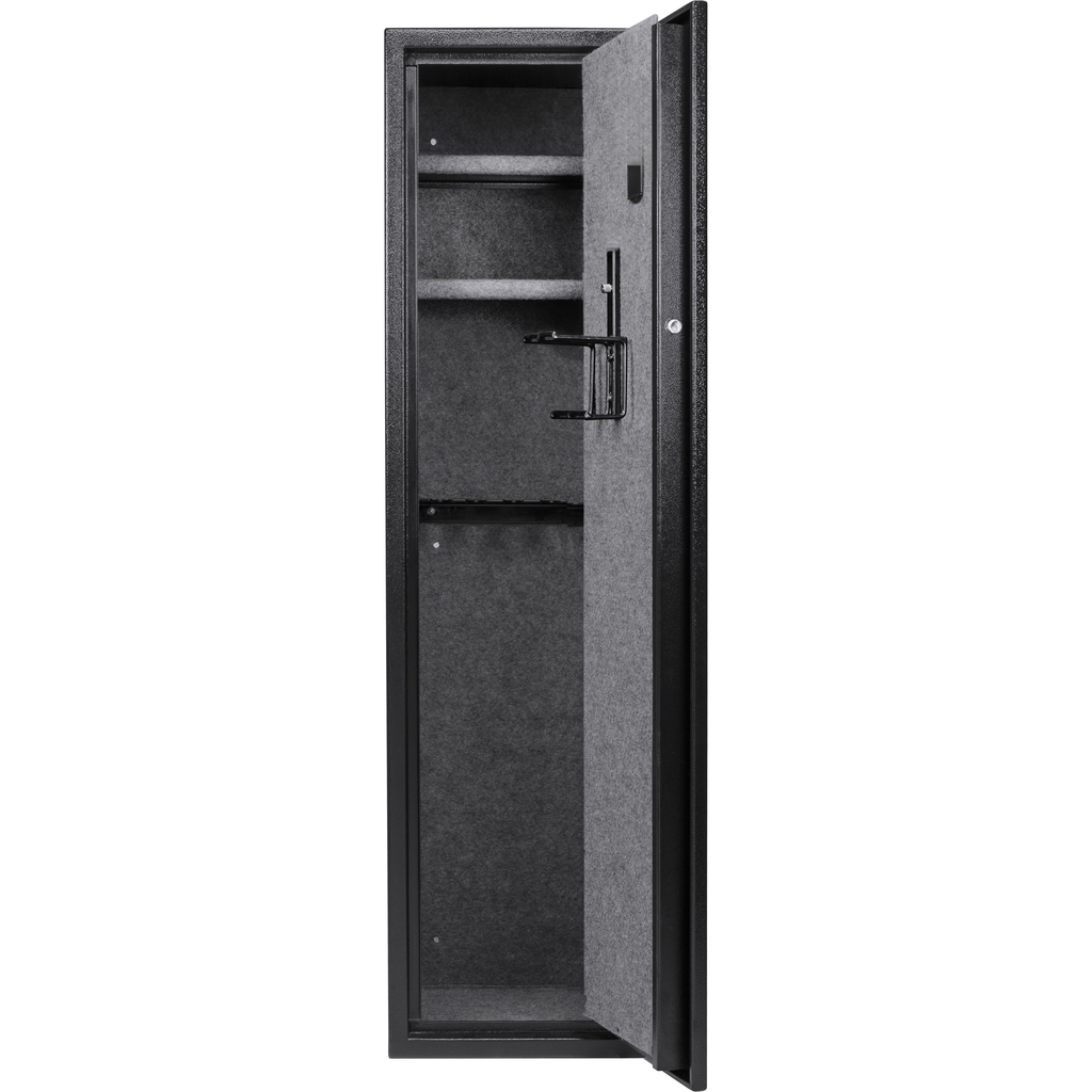 Tall black metal gun safe with interior shelving and rifle rack open door