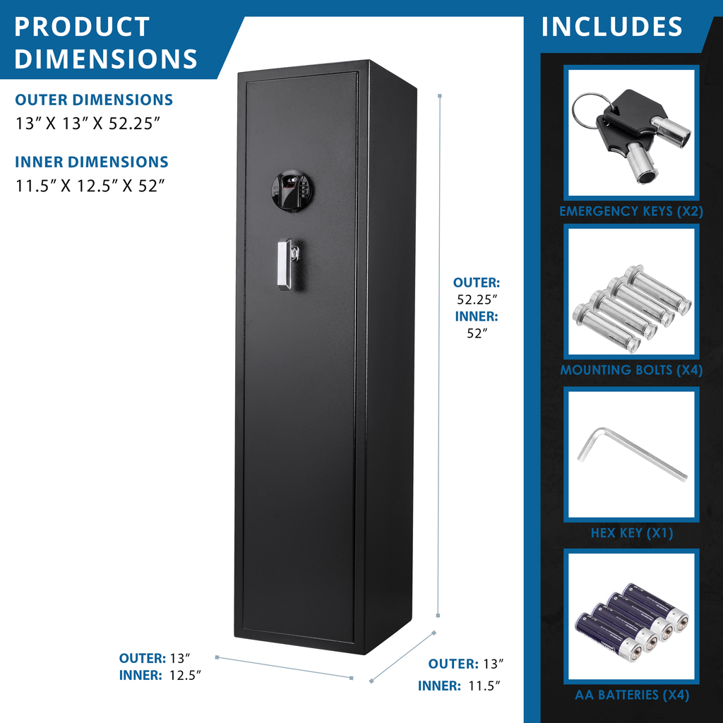 Tall black metal gun safe with digital lock and chrome handle