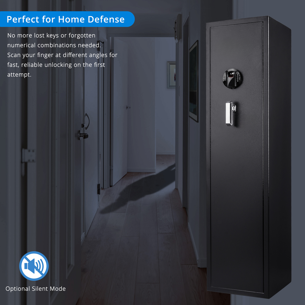 Tall black metal gun safe with digital keypad and handle