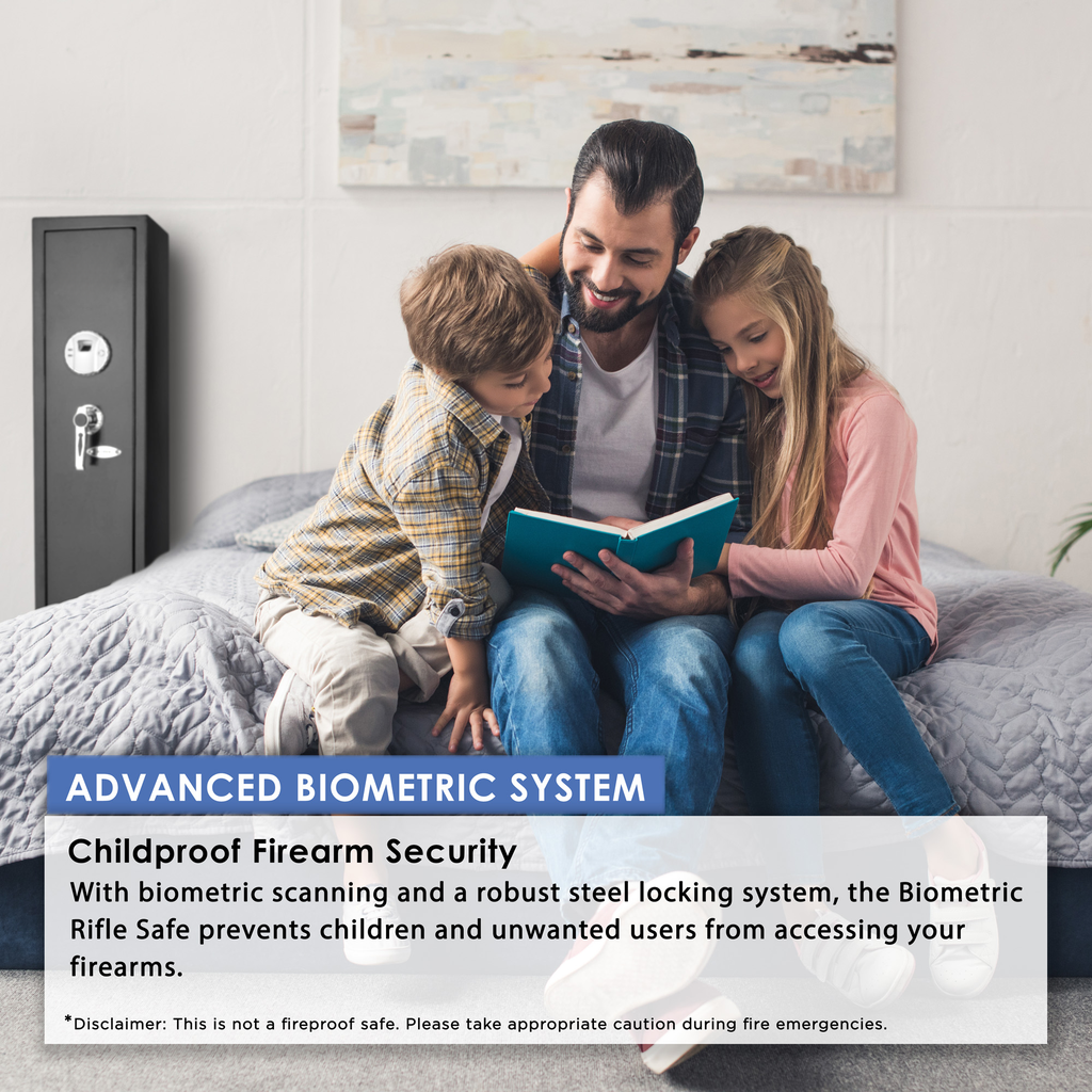Black steel rifle safe with advanced biometric system