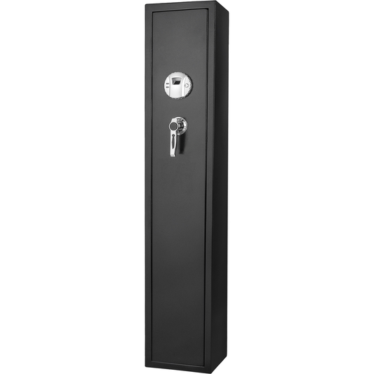 Black metal gun safe with fingerprint scanner and key lock handle