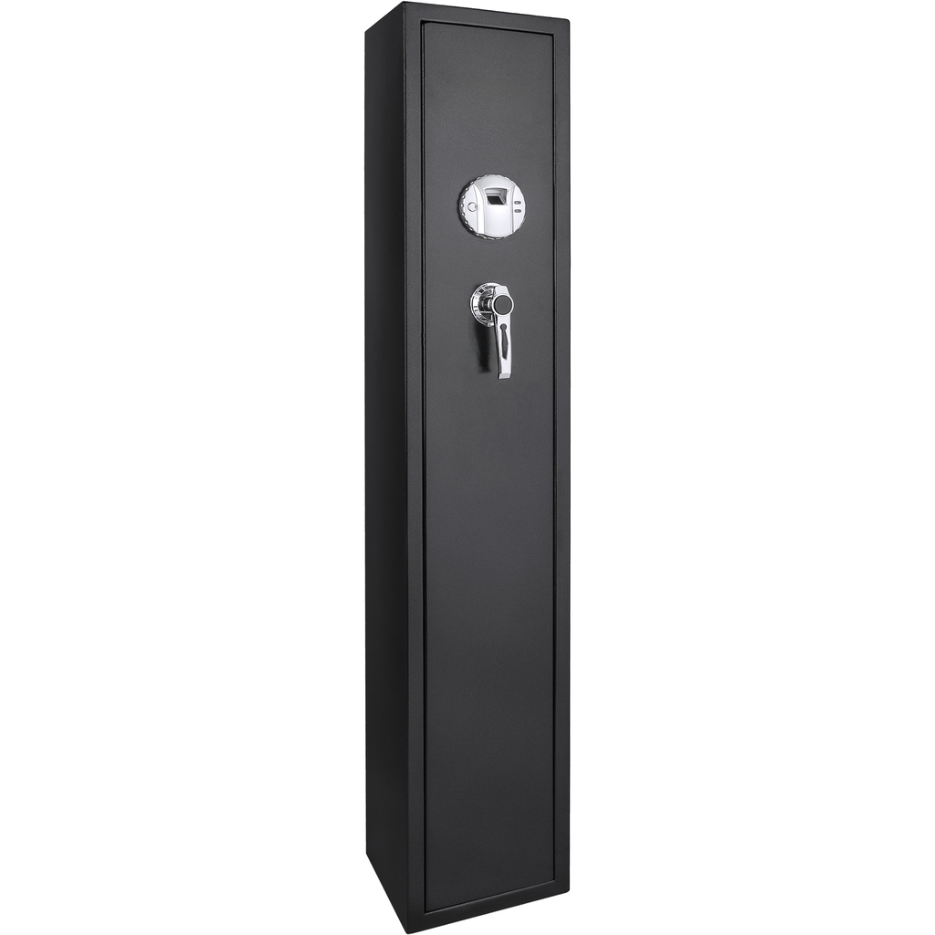 Black tall gun safe with biometric fingerprint scanner and key lock