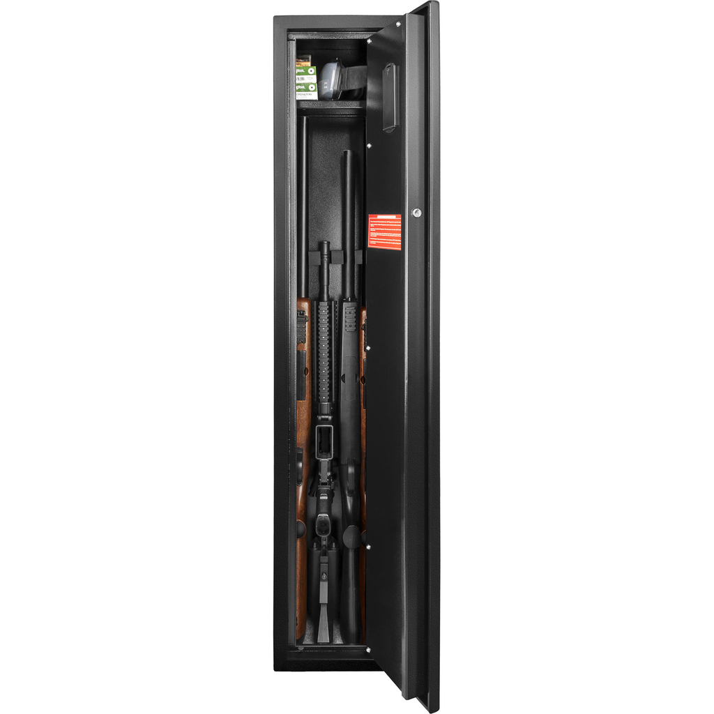 Tall black metal gun safe with two rifles and ammo stored inside