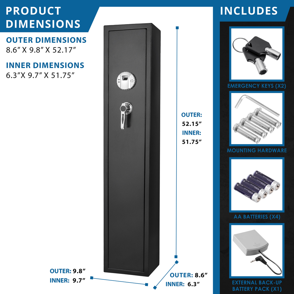 Tall black gun safe with fingerprint scanner and key lock