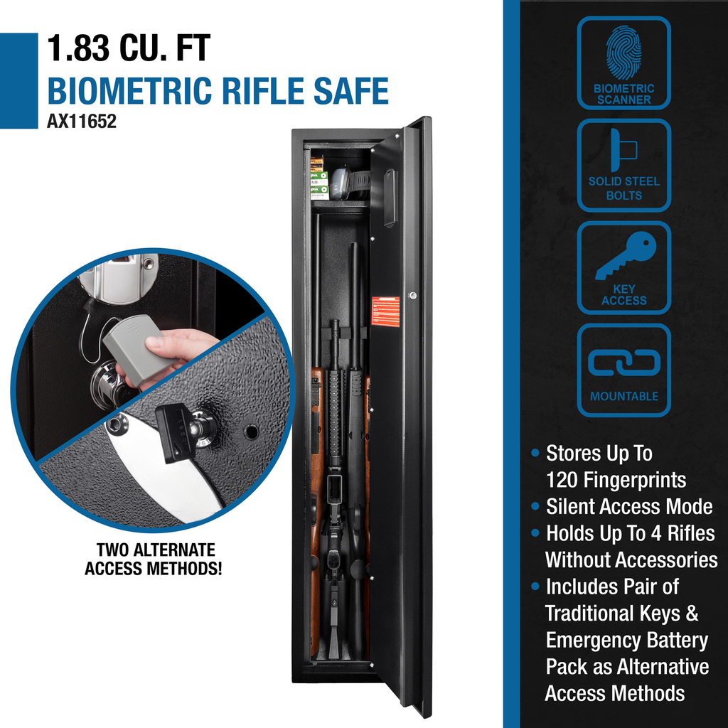 Tall biometric rifle safe interior showing  rifles secured external view of key access