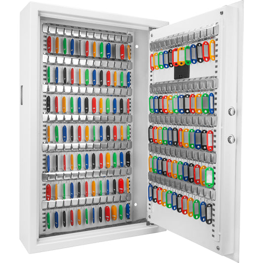 White metal key cabinet with  numbered hooks holding colorful key tags