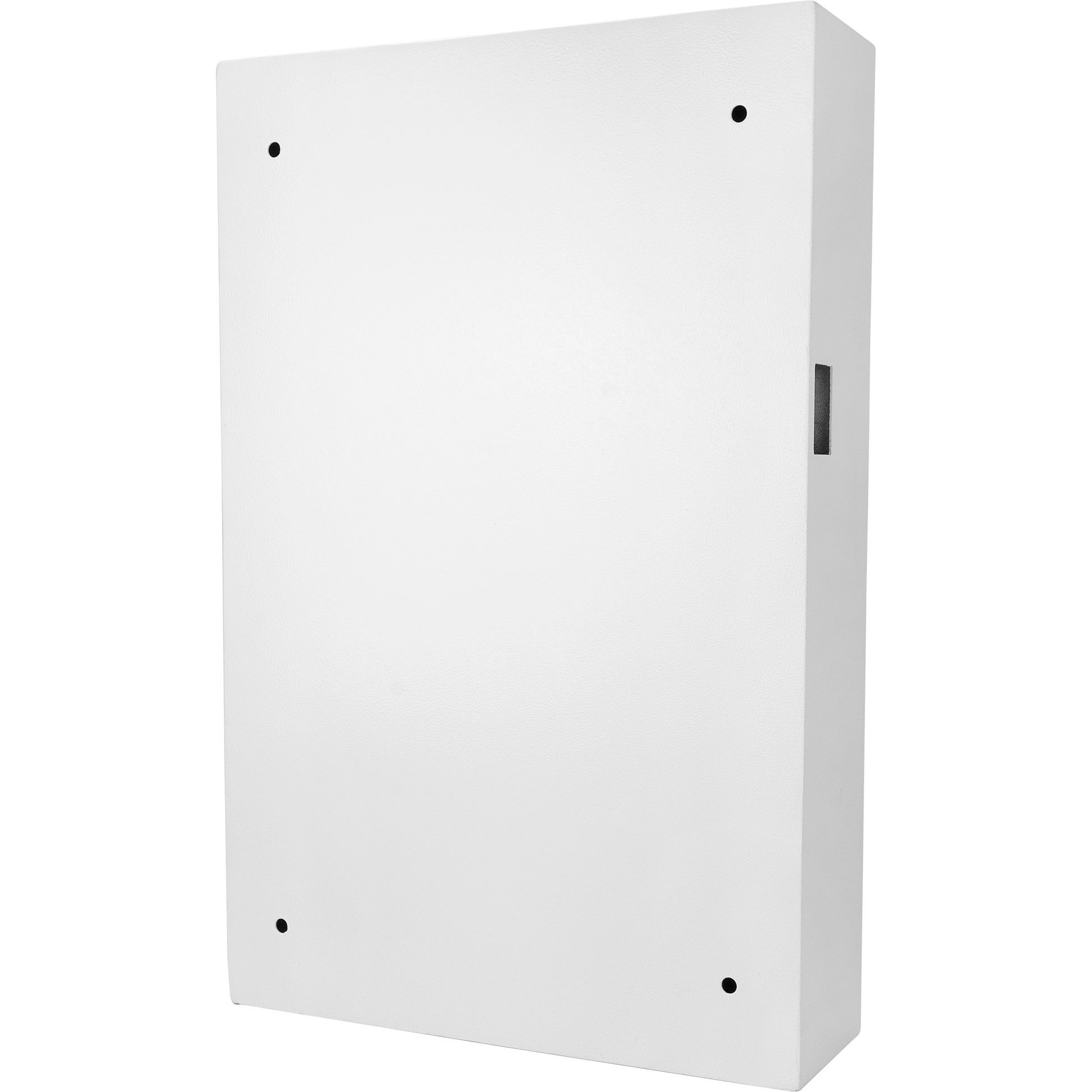 White metal electrical enclosure with four mounting holes and a side slot