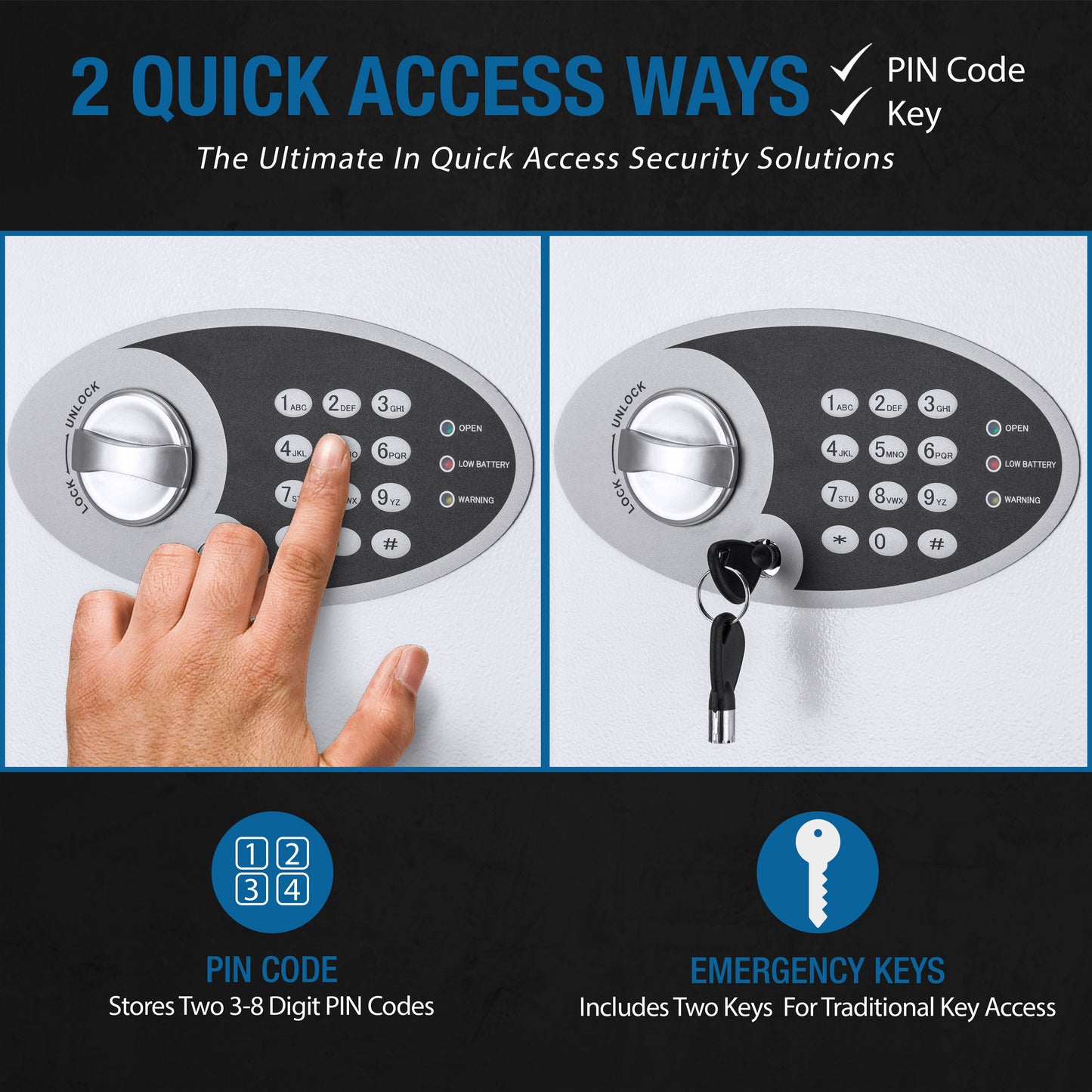 Finger pressing numeric keypad on a white secure safe