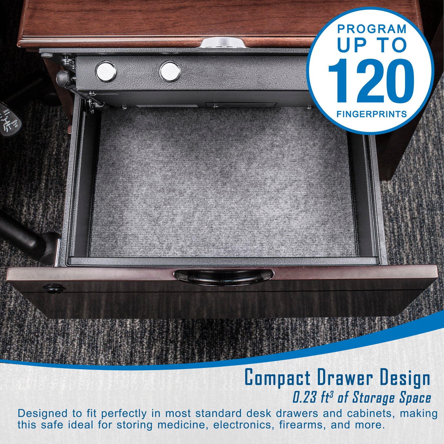 Black metal drawer safe with fingerprint scanner