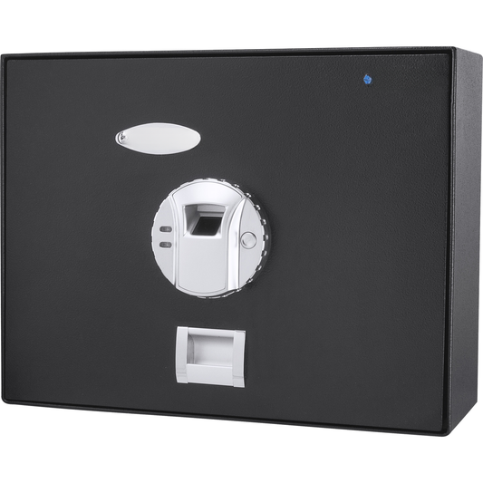 Black steel safe with fingerprint scanner and keypad
