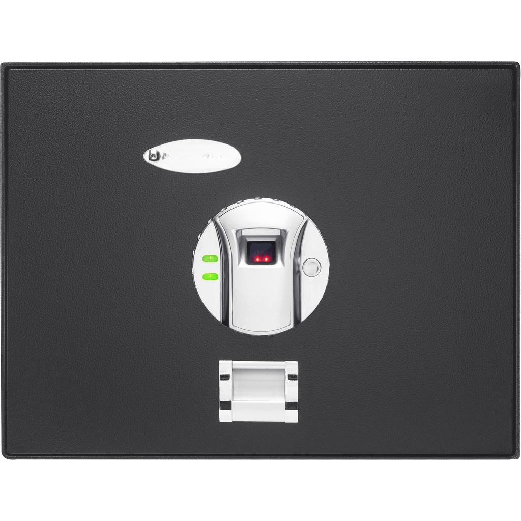 Black biometric safe with fingerprint scanner and silver handle