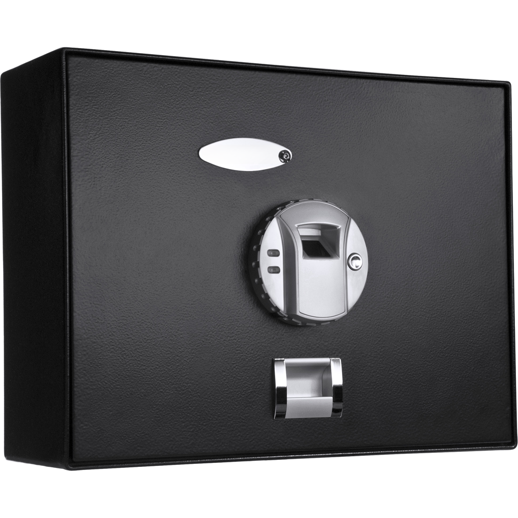 Black steel biometric safe with fingerprint scanner and silver handle