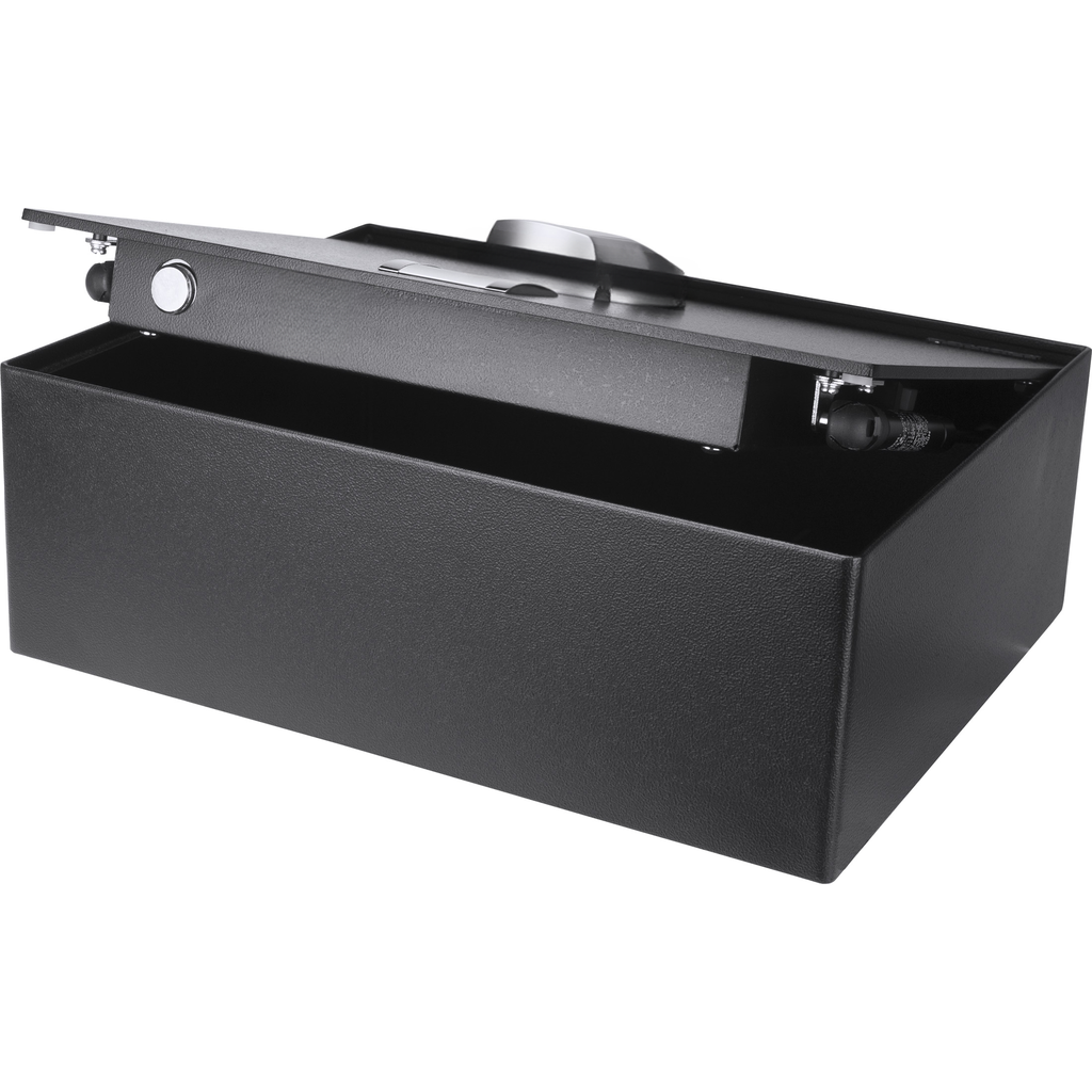 Black metal cash box with hinged partially open lid and digital lock mechanism