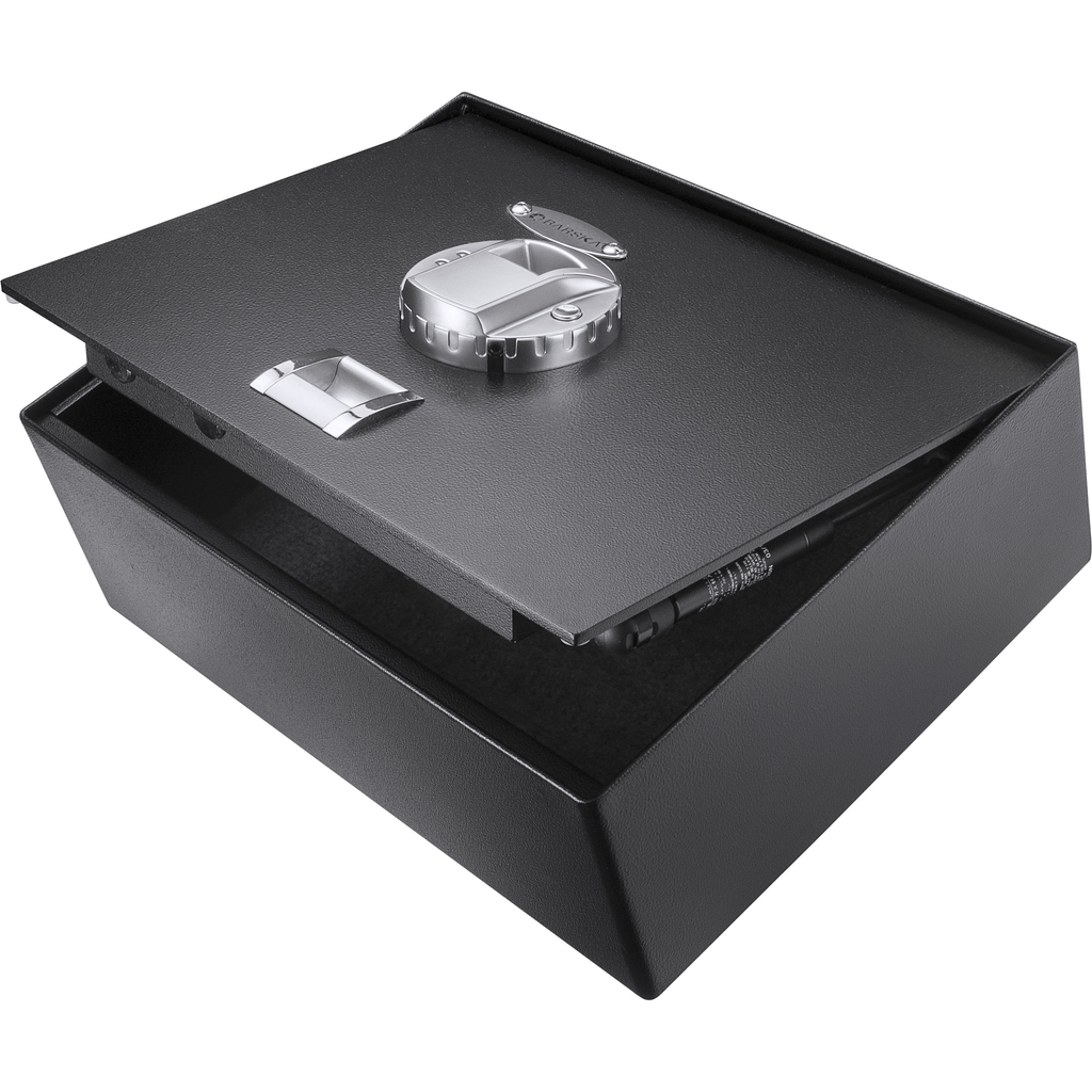 Black electronic keypad home safe with silver dial and handle