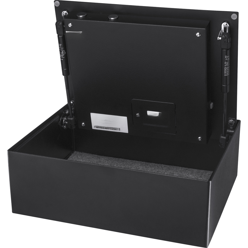 Black steel security safe with padded interior and gas struts