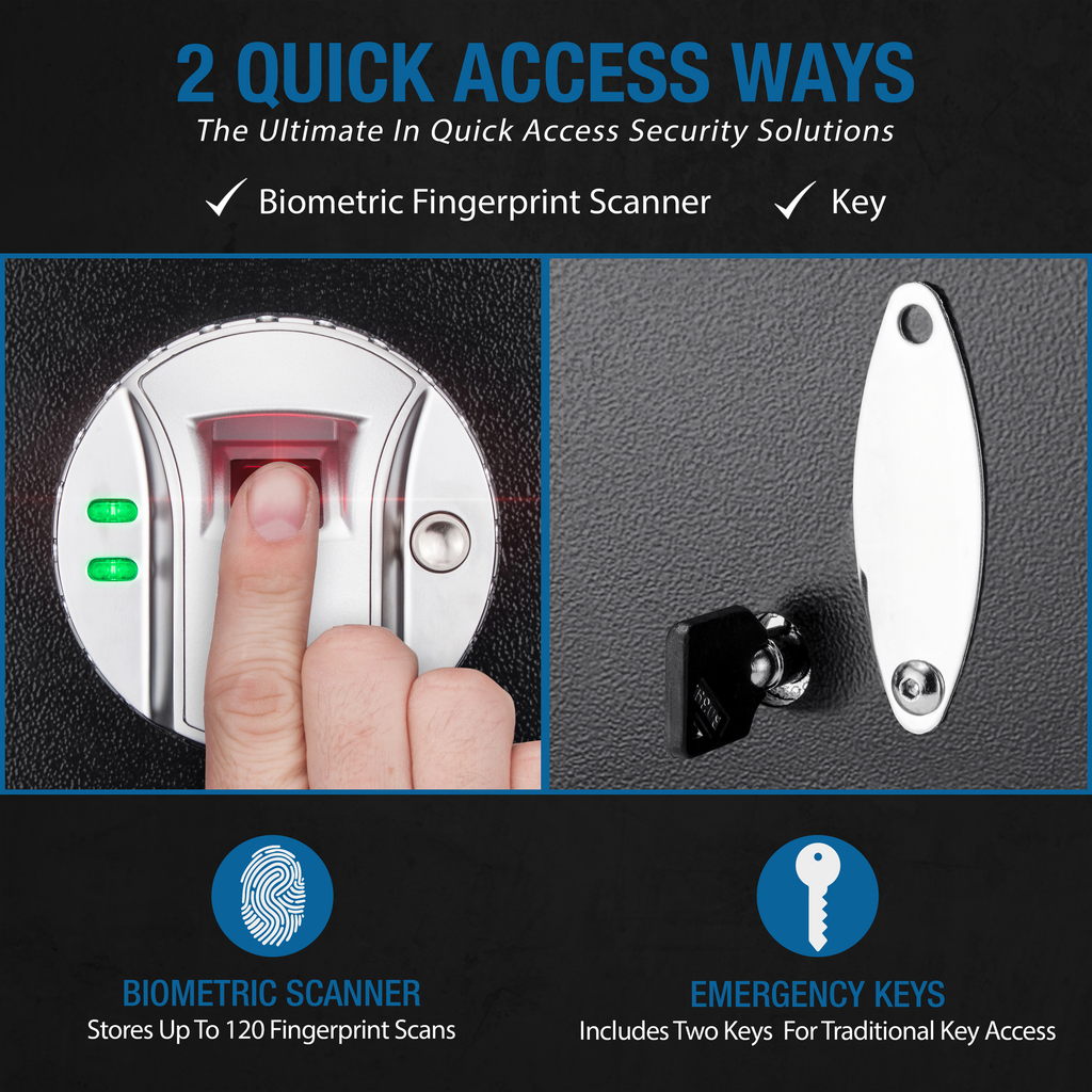 Finger presses biometric fingerprint scanner on a security safe