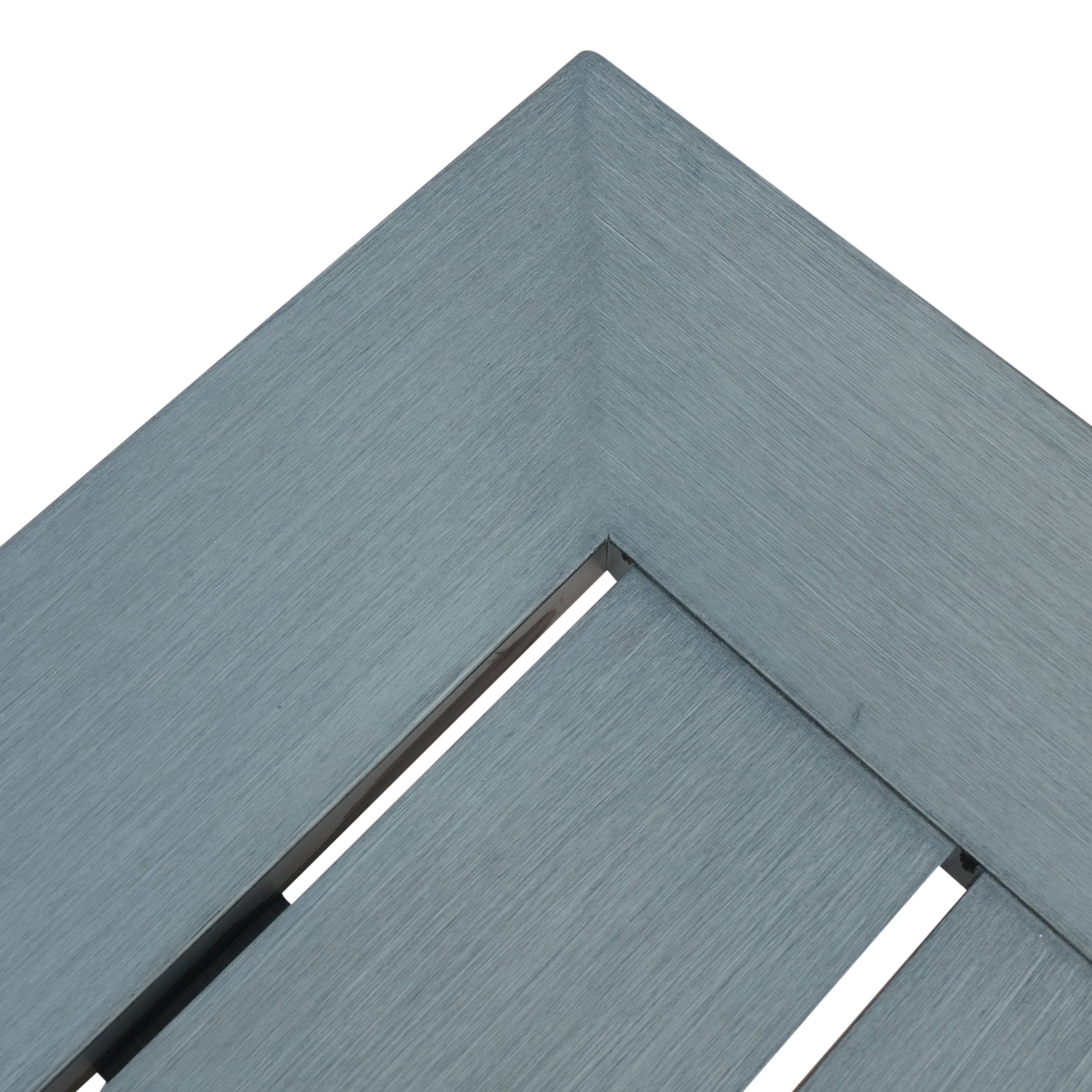 Closeup of blue brushed metal outdoor furniture slat design