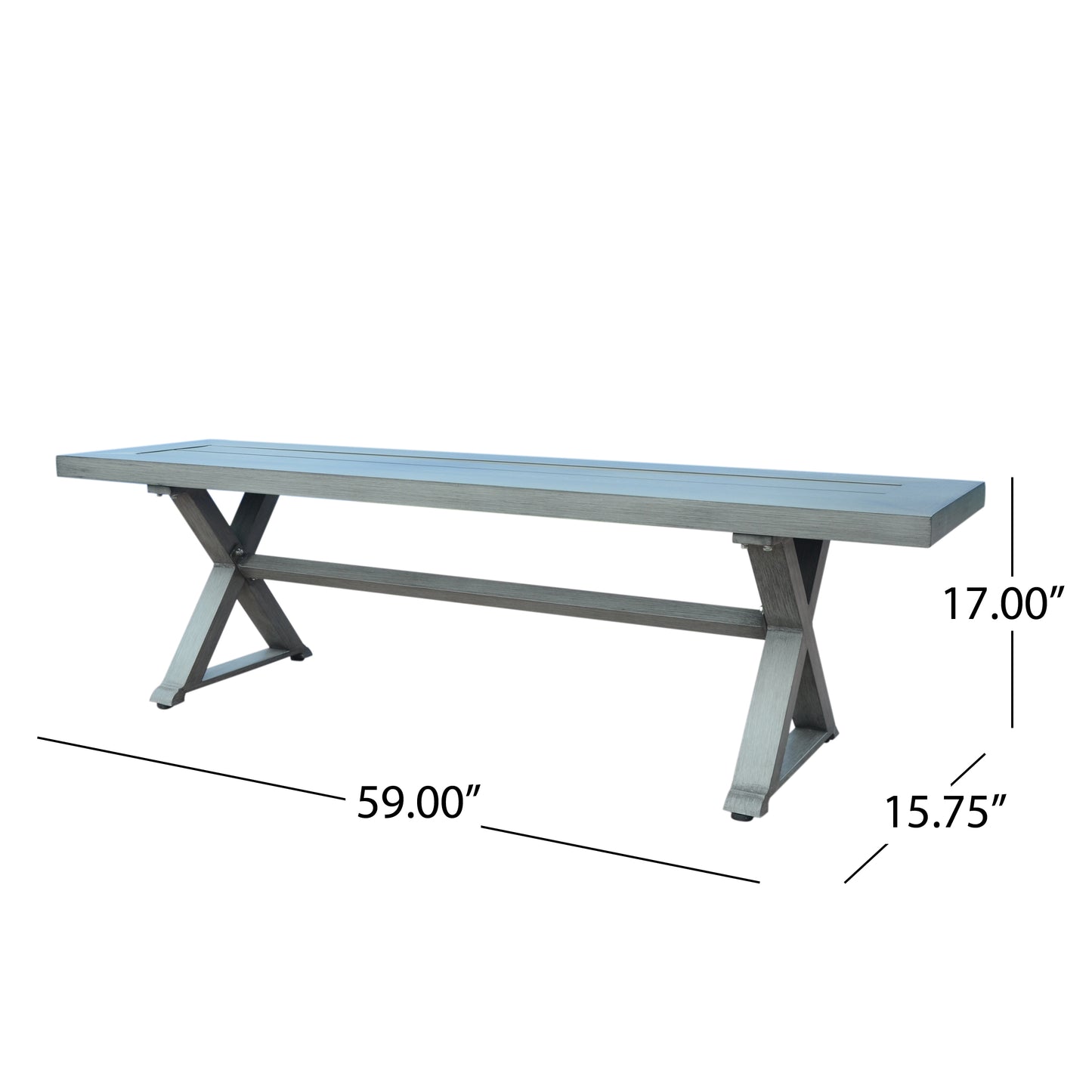 Gray wood outdoor bench with Xshaped legs and slatted top