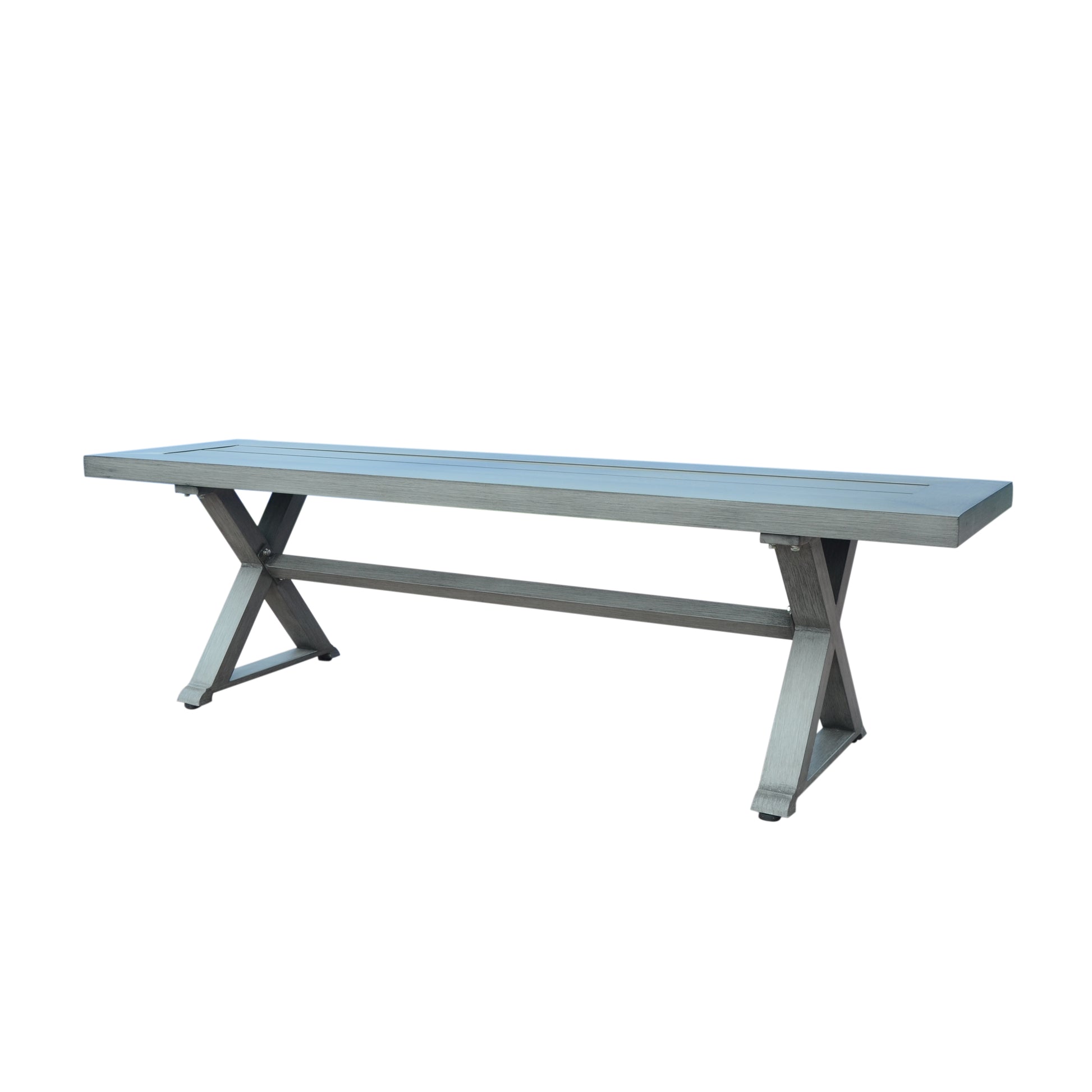 Gray wood outdoor bench with Xshaped legs for patio seating