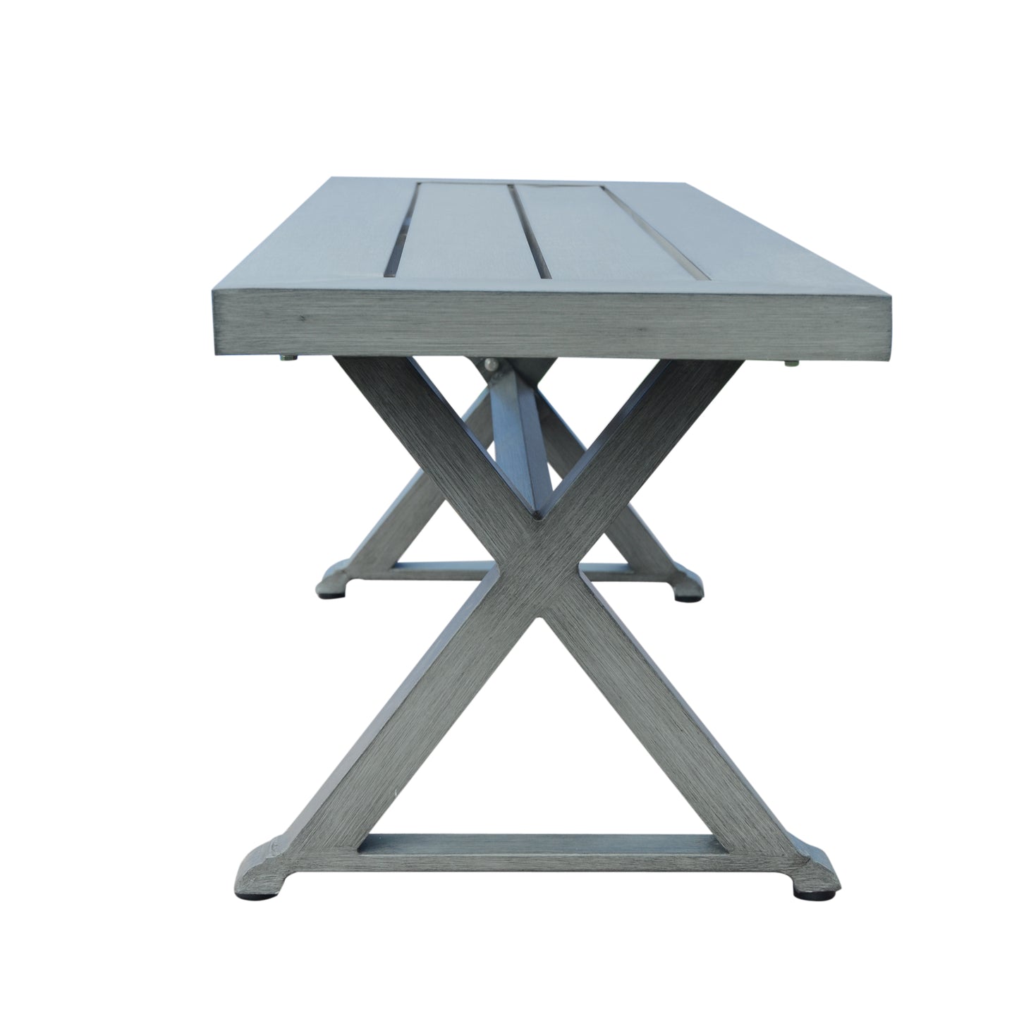 Gray slatted wood dining table with modern crisscross legs