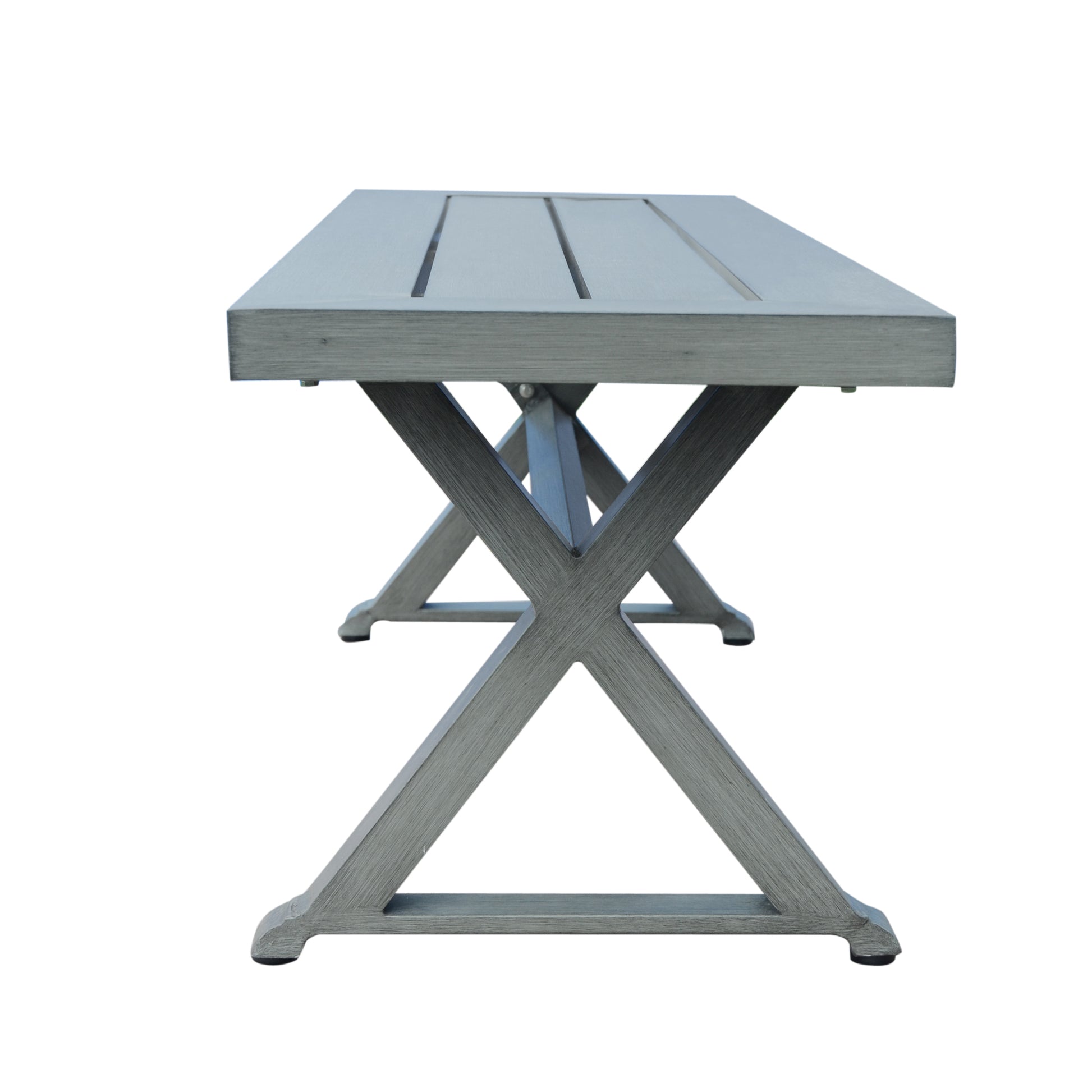 Gray slatted wood dining table with modern crisscross legs