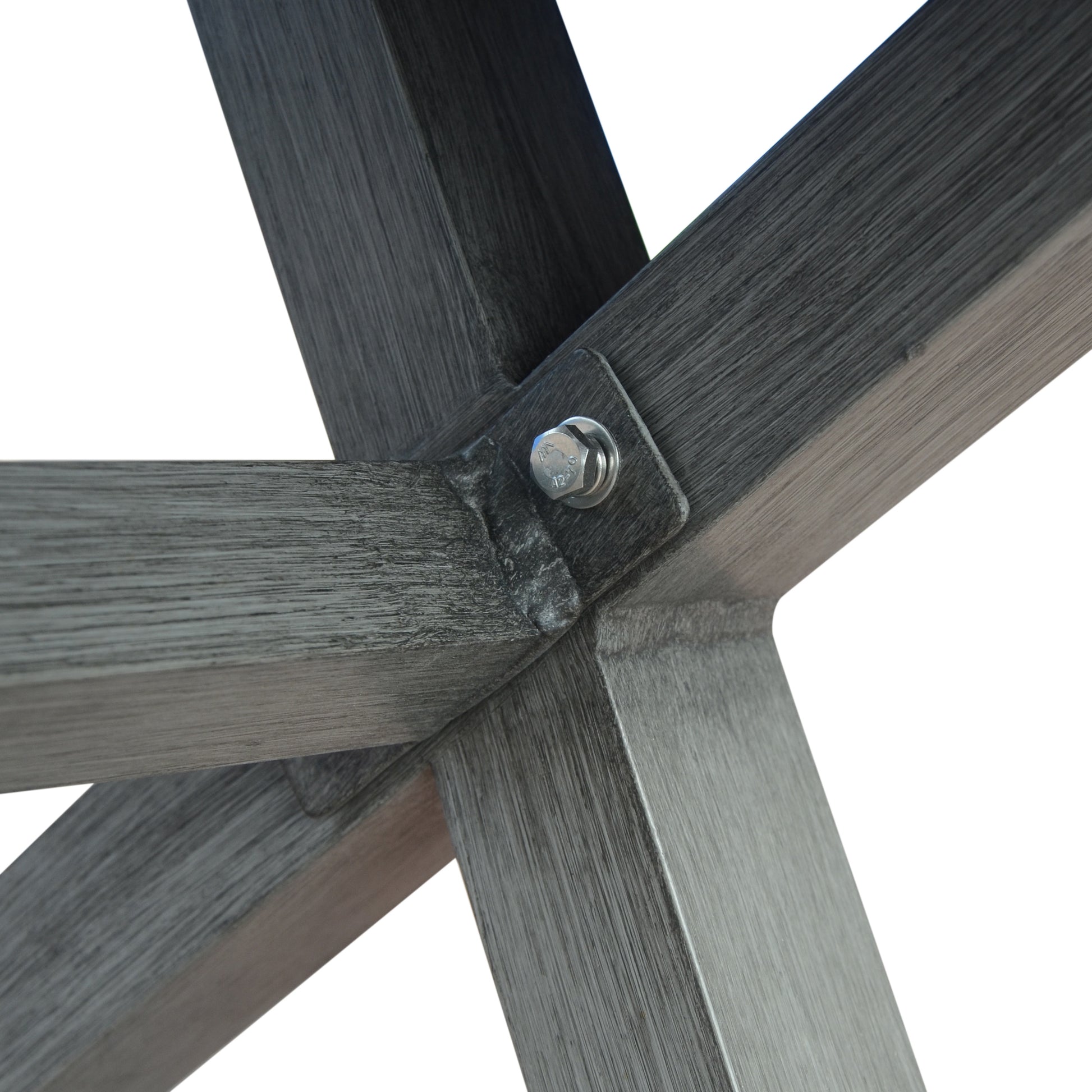Dark grey textured wood table leg with visible bolt