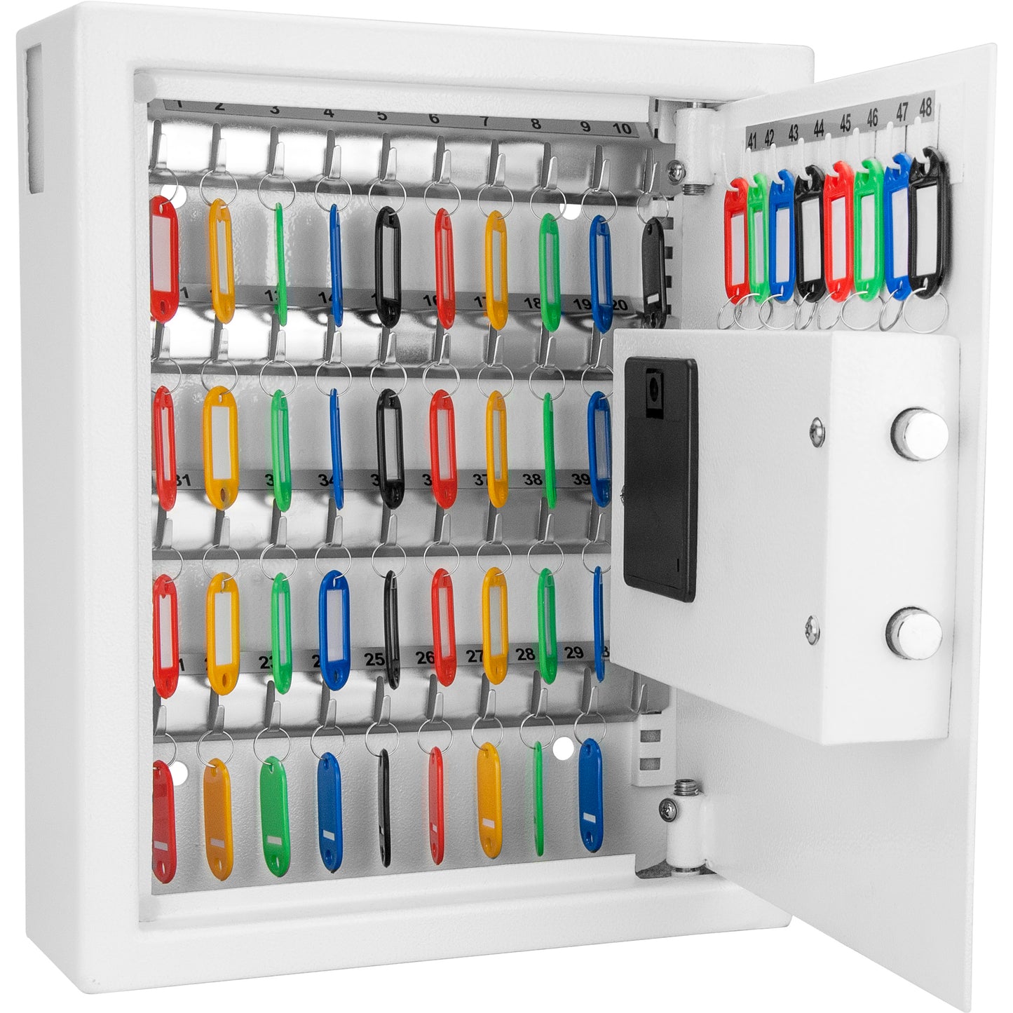 White key cabinet with assorted colored key tags