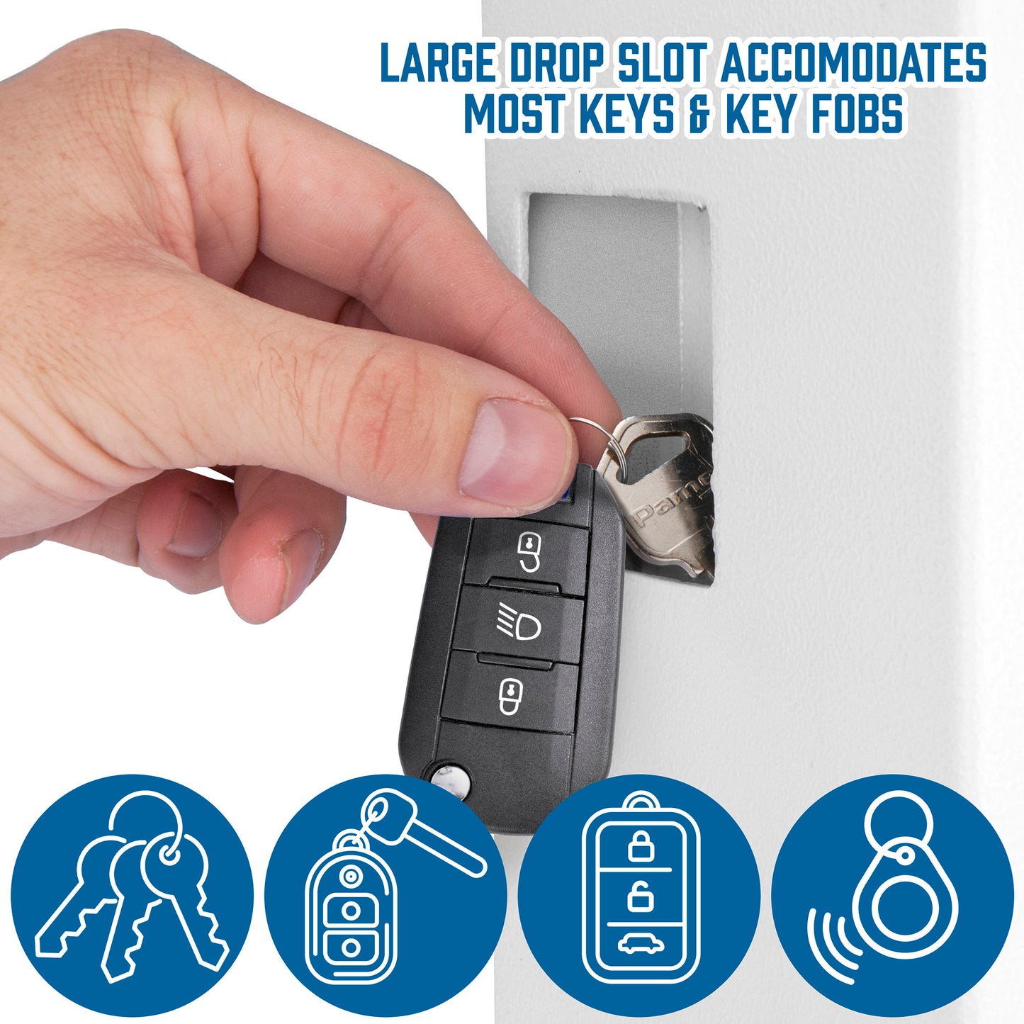Hand inserting a key fob with lockunlock buttons into a key drop slot
