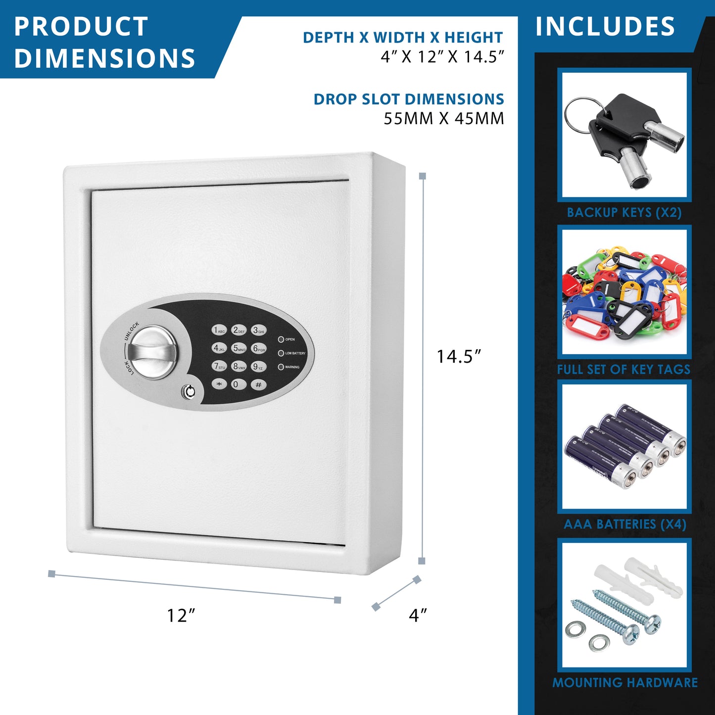 White digital keypad safe with a drop slot and manual override