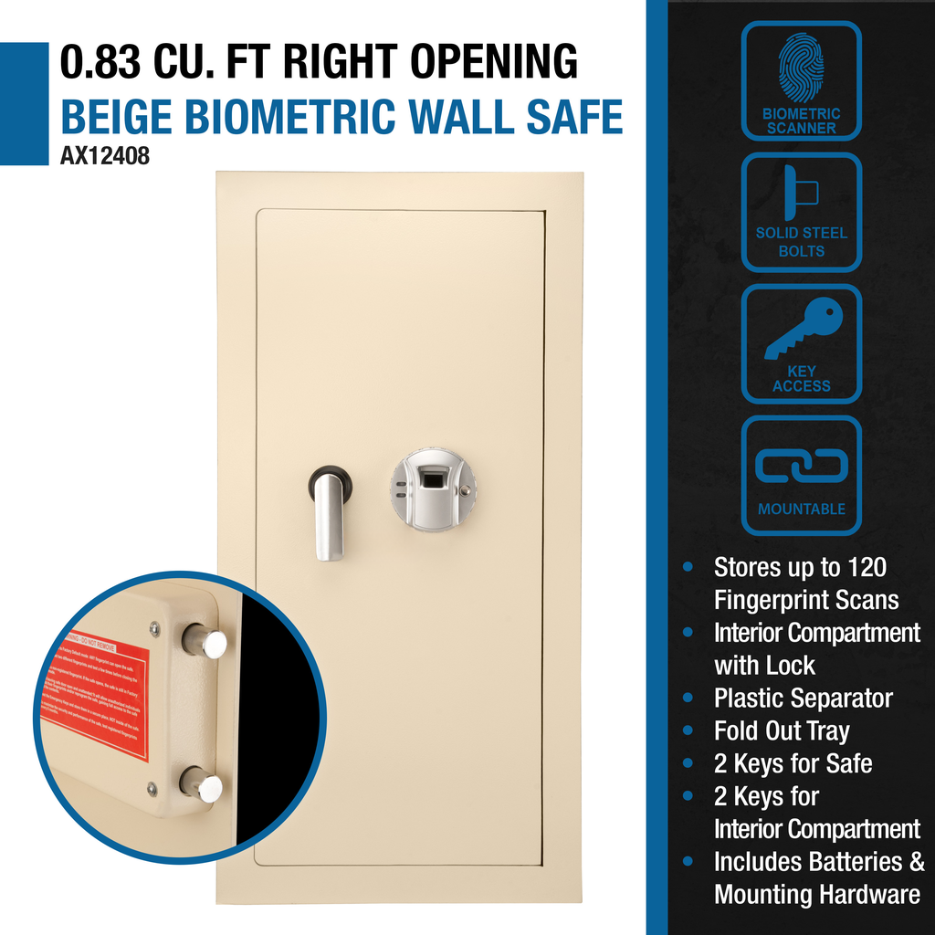 Beige biometric wall safe with handle and fingerprint scanner