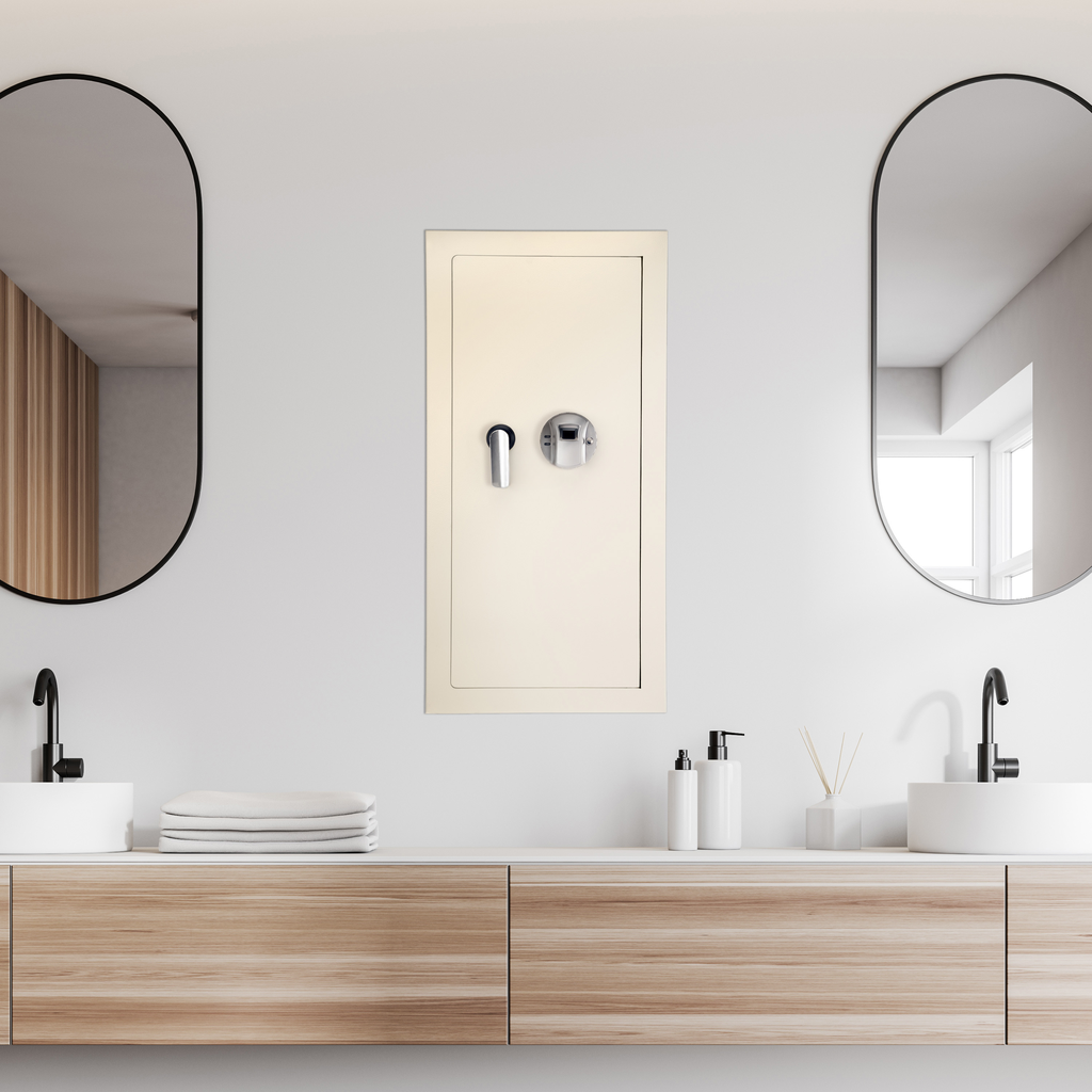 Cream recessed bathroom safe with chrome handle and digital lock