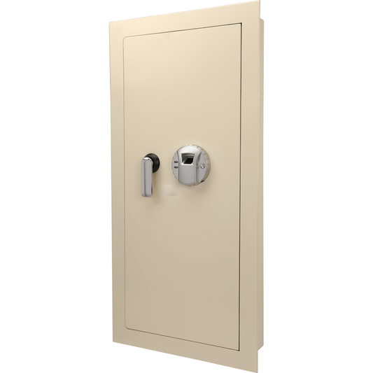 Beige biometric wall safe with silver handle and fingerprint scanner