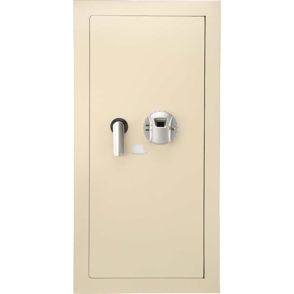 beige metal safe with biometric fingerprint scanner and silver handle