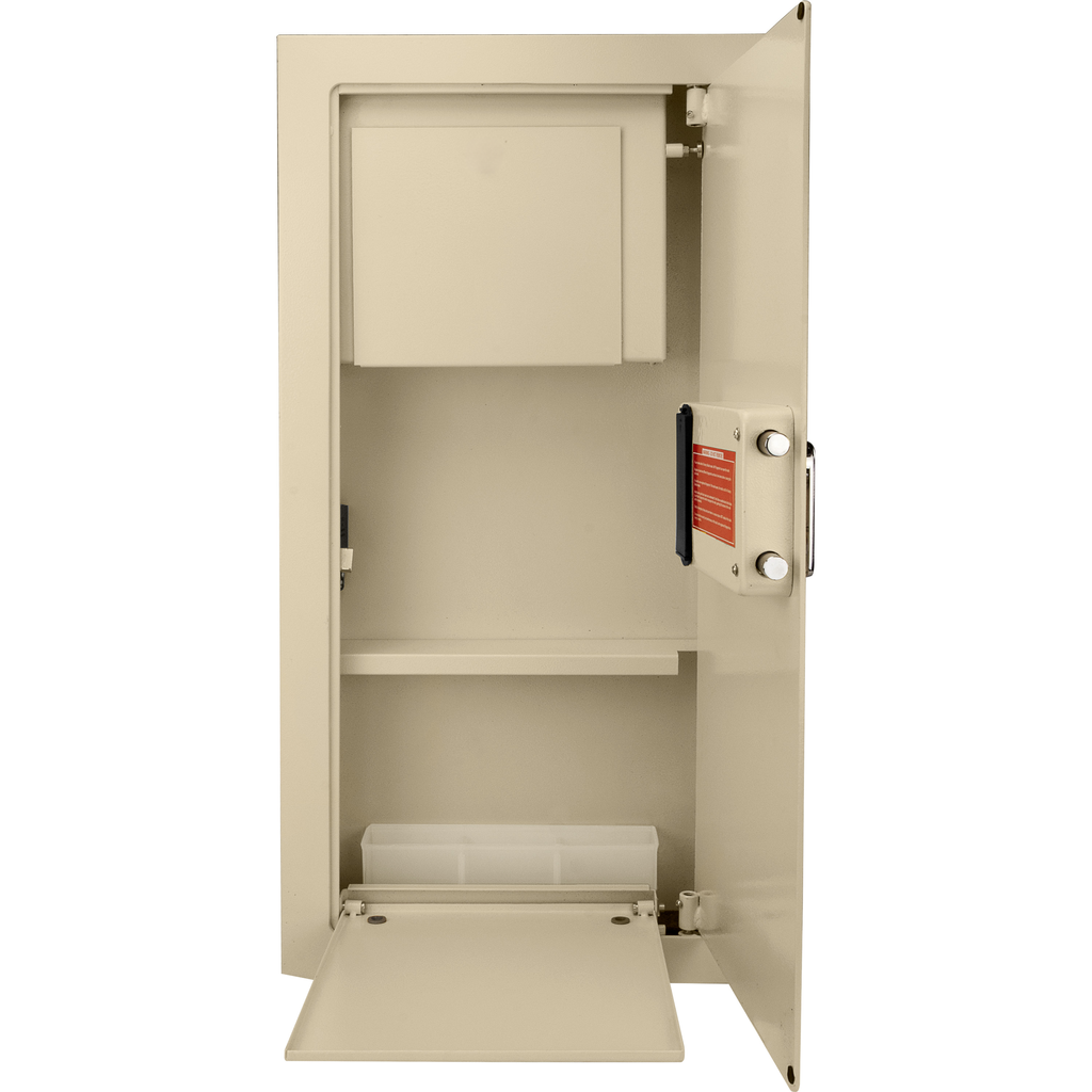 Beige metal safe with open door interior shelf and compartment tray